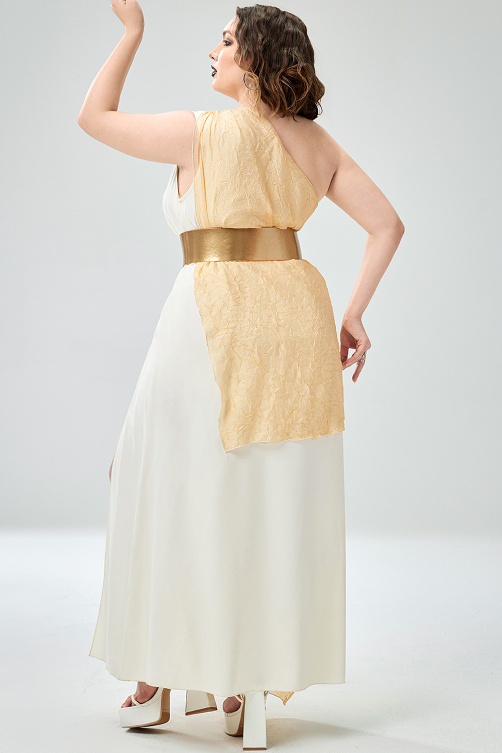 Xpluswear Design Plus Size Casual Halloween Costume Khaki Golden Goddess Maxi Dress [Pre-Order]