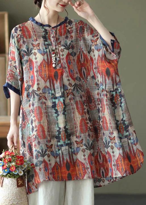 Plus Size -Red Ramie Floral Vintage Women Print Casual Shirt
