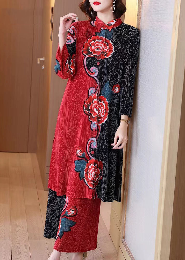 Women's retro long green printed cardigan shirt jacket wide leg pants two-piece suit