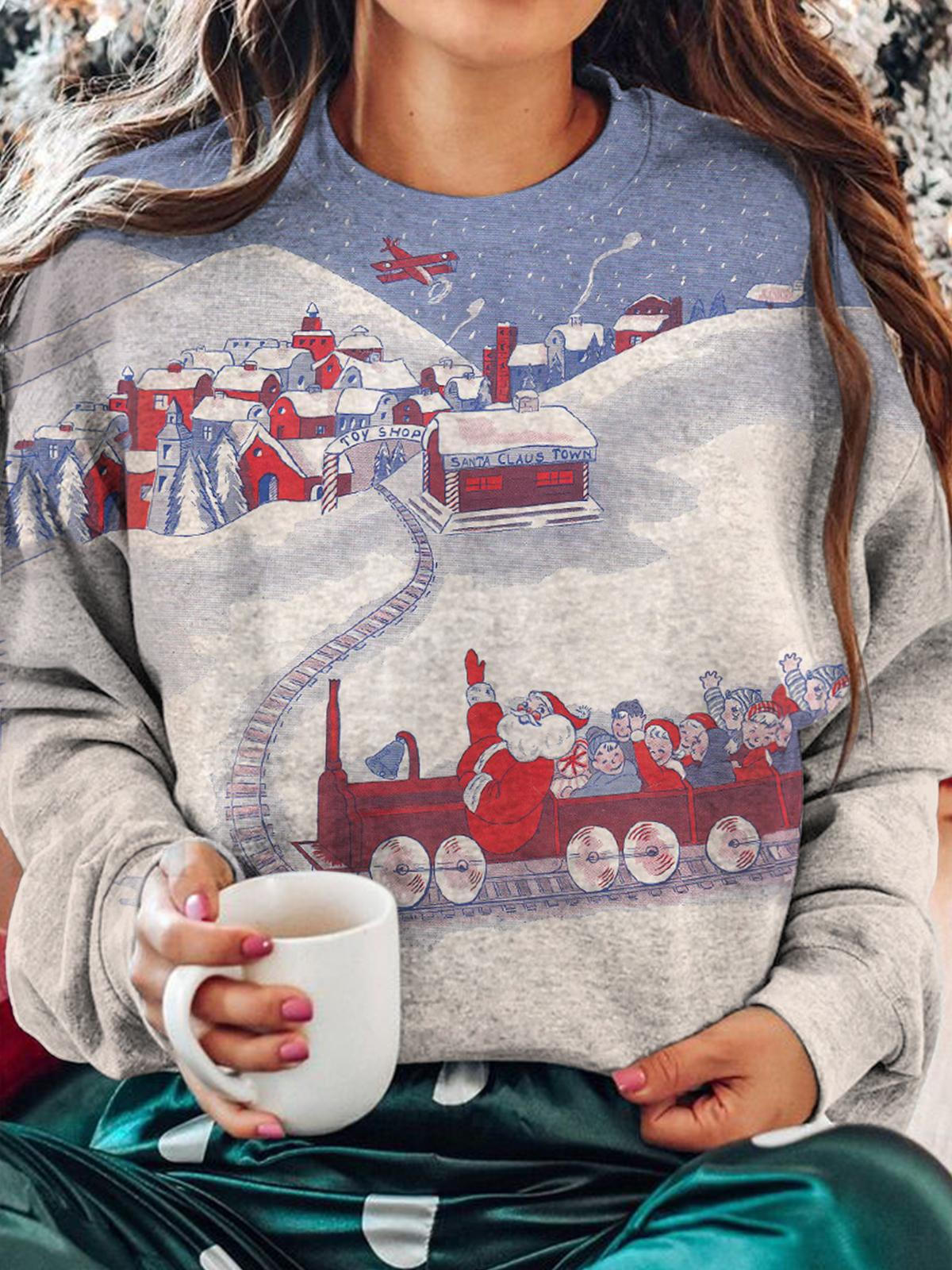 Winter Santa Claus And Children Print Round Neck Long Sleeve Top