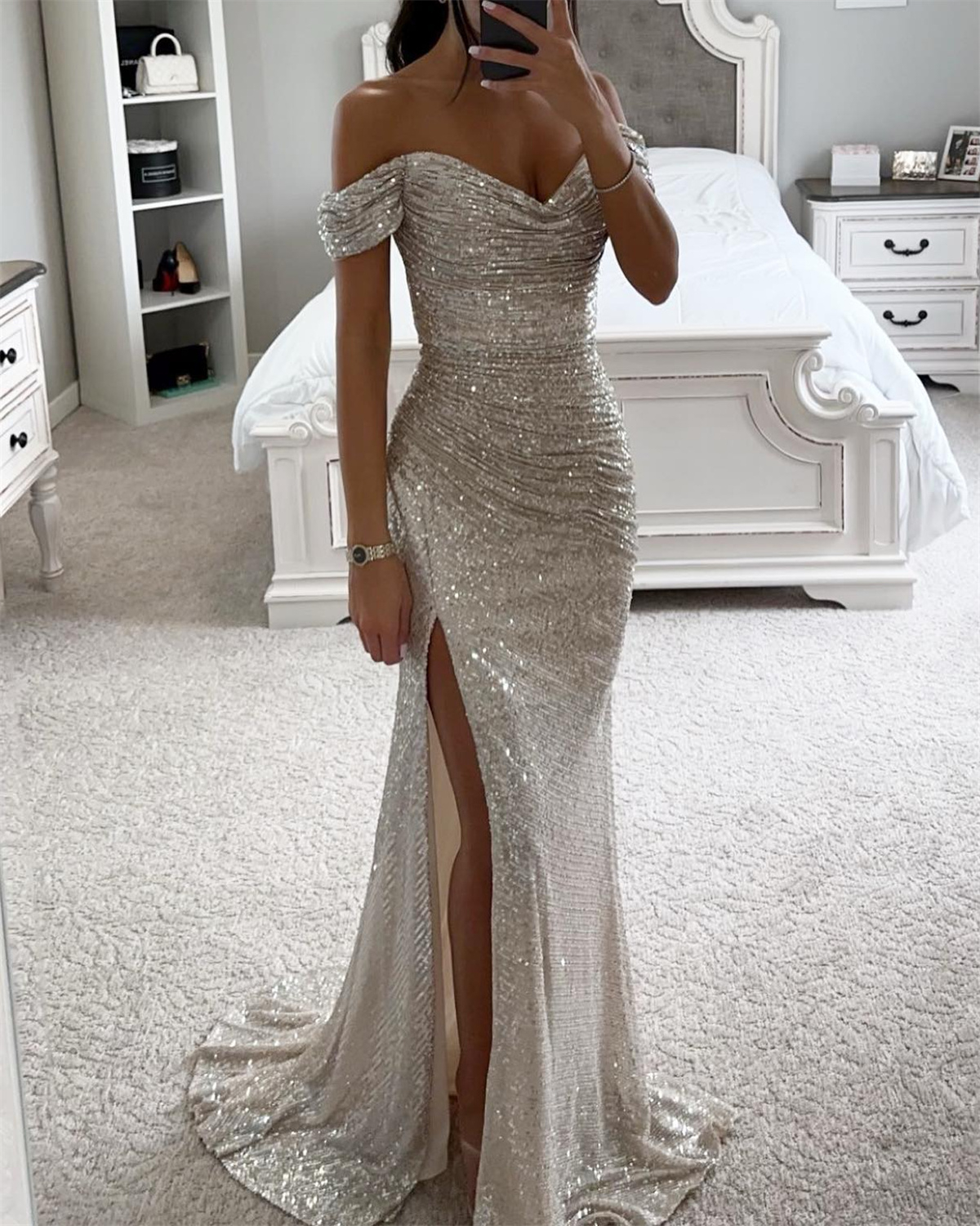 Sexy Solid Color Sequin Slit Evening Dress