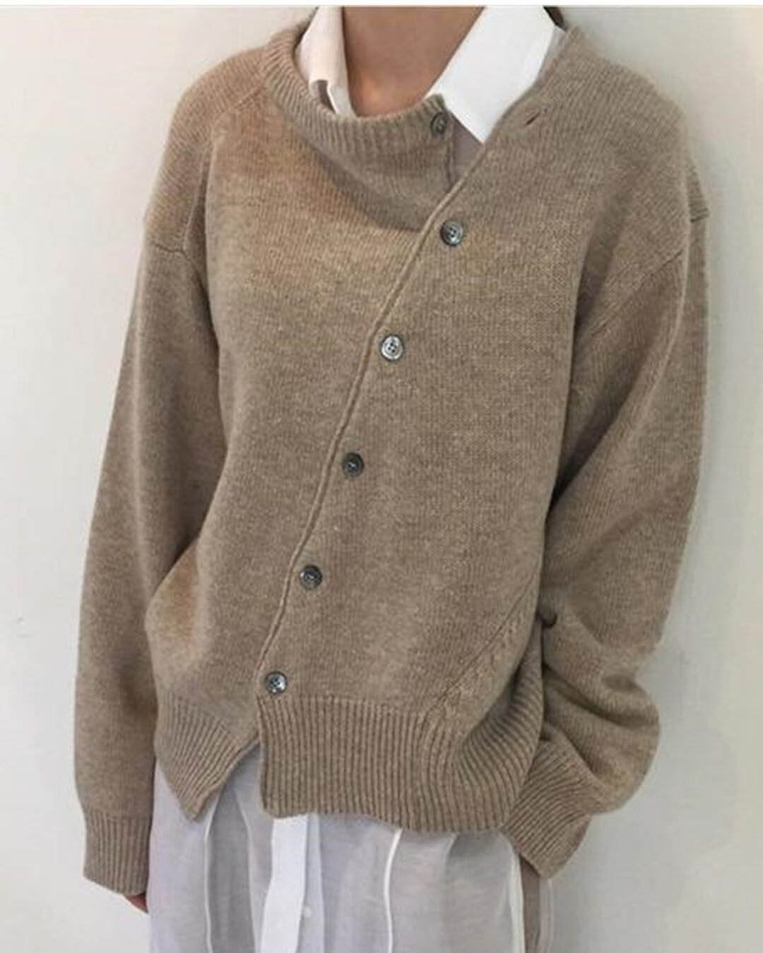 Women Pure Colour Fashion Irregular Knitwear Slanting Buckle Cardigan