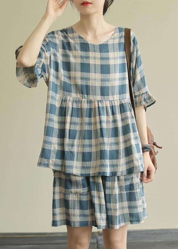 Loose Round Neck Stitching Top Elasticated Shorts Blue Plaid Two-piece Suit