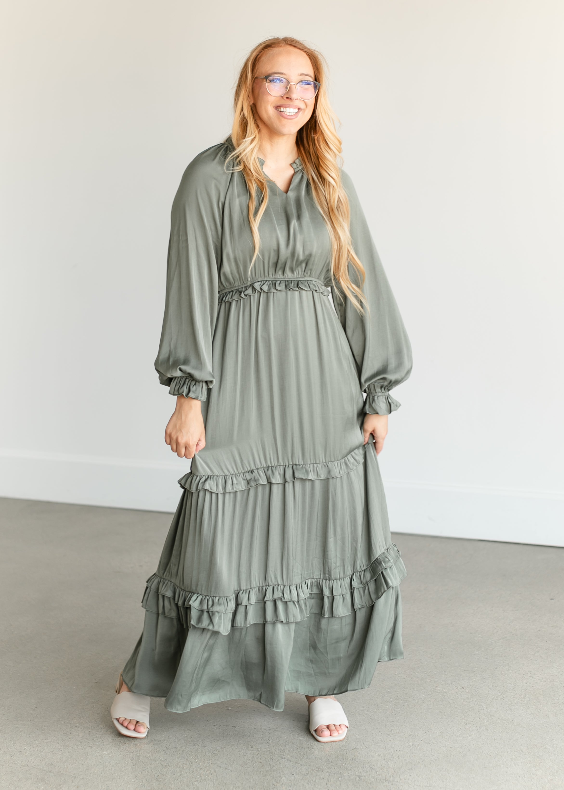 Long Sleeve V-neck Satin Maxi Dress