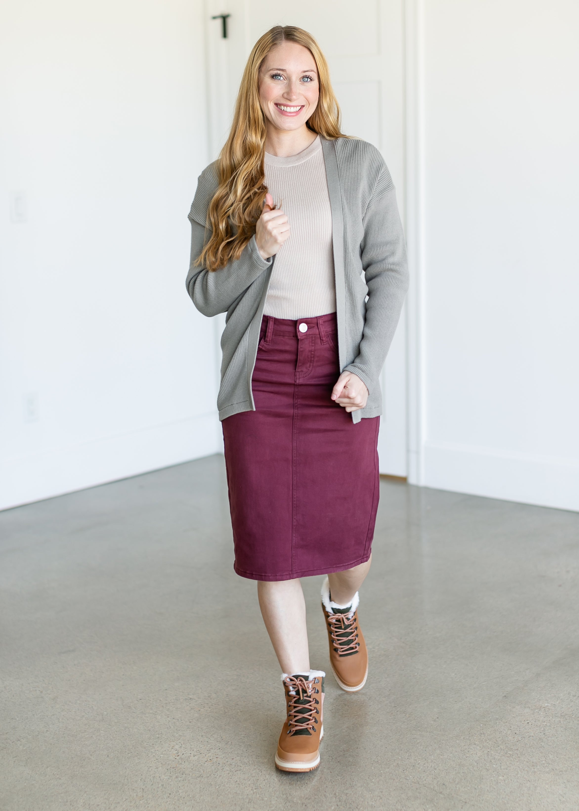 Remi Burgundy Denim Midi Skirt