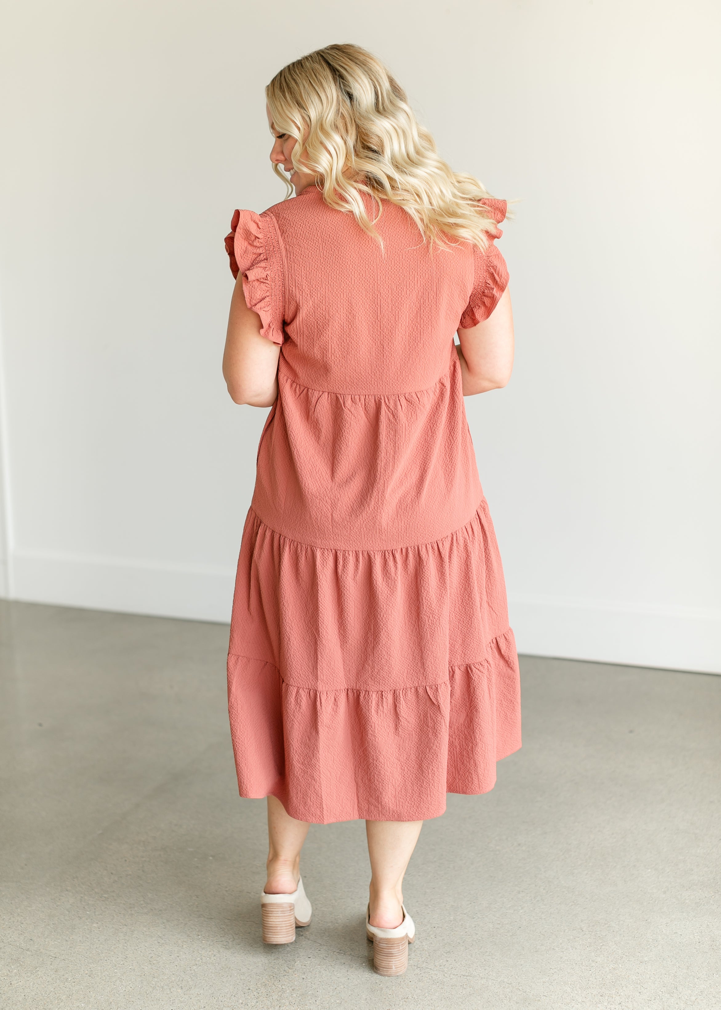 Textured V-neck Ruffle Sleeve Midi Dress - FINAL SALE
