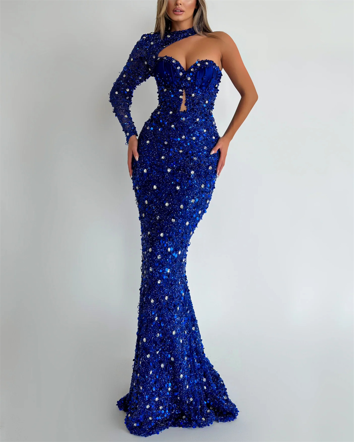Fashion Blue One Shoulder Sleeve Halter Neck Sequined Dress