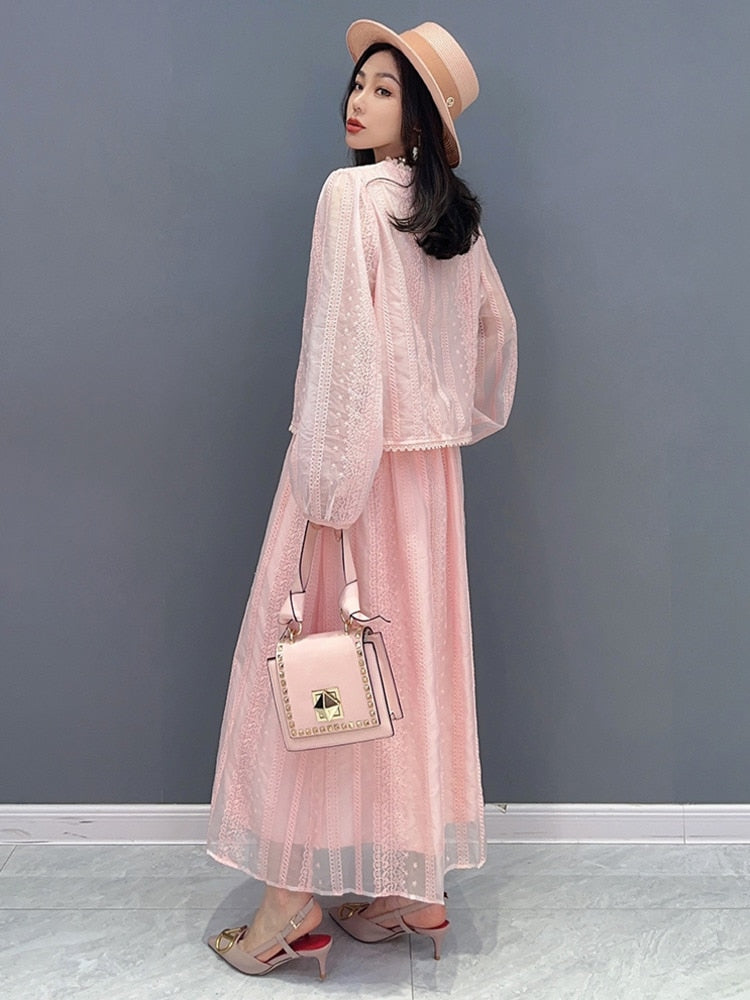 Pink or White Long Sleeve Lace Top & Maxi Skirt 2-Piece Set