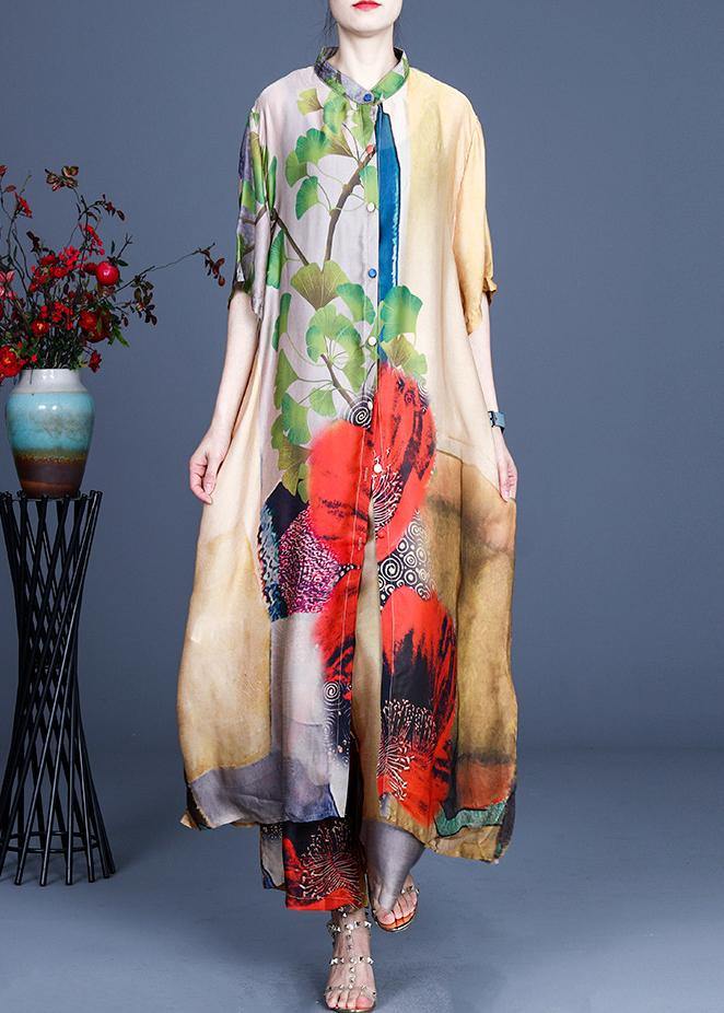Fitted Yellow Print long Silk Summer Women Sets two Pieces