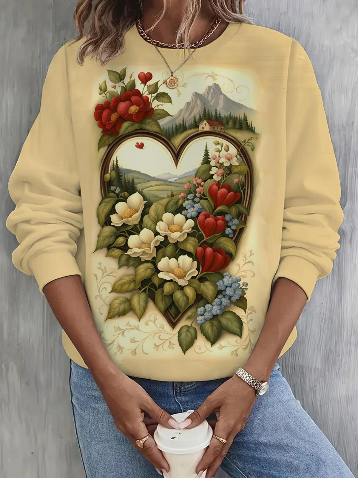 Vintage Floral Print Long Sleeve Casual Top