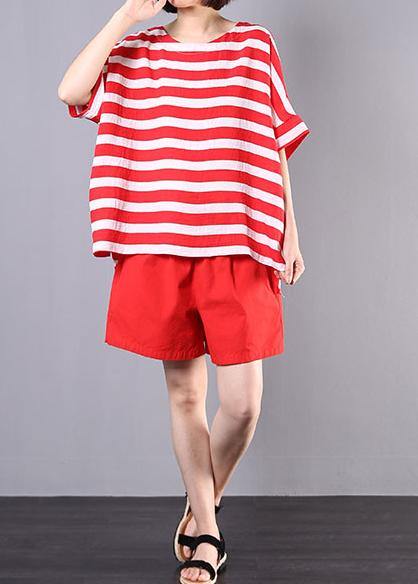 summer women two pieces red striped o neck tops and casual shorts