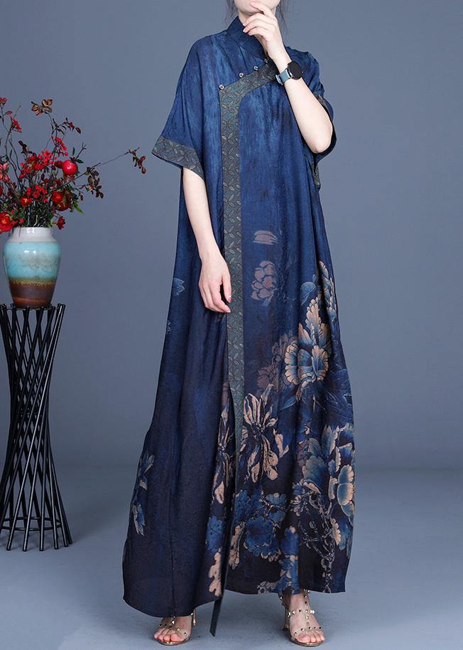 Classy Blue Print Patchwork Oriental Long Dress Summer