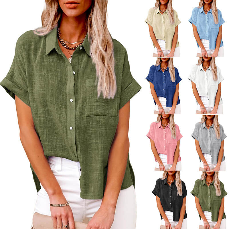 SOLID COLOR LINEN CASUAL LOOSE SHIRT SHORT SLEEVE-BUY 3 FREE SHIPPING
